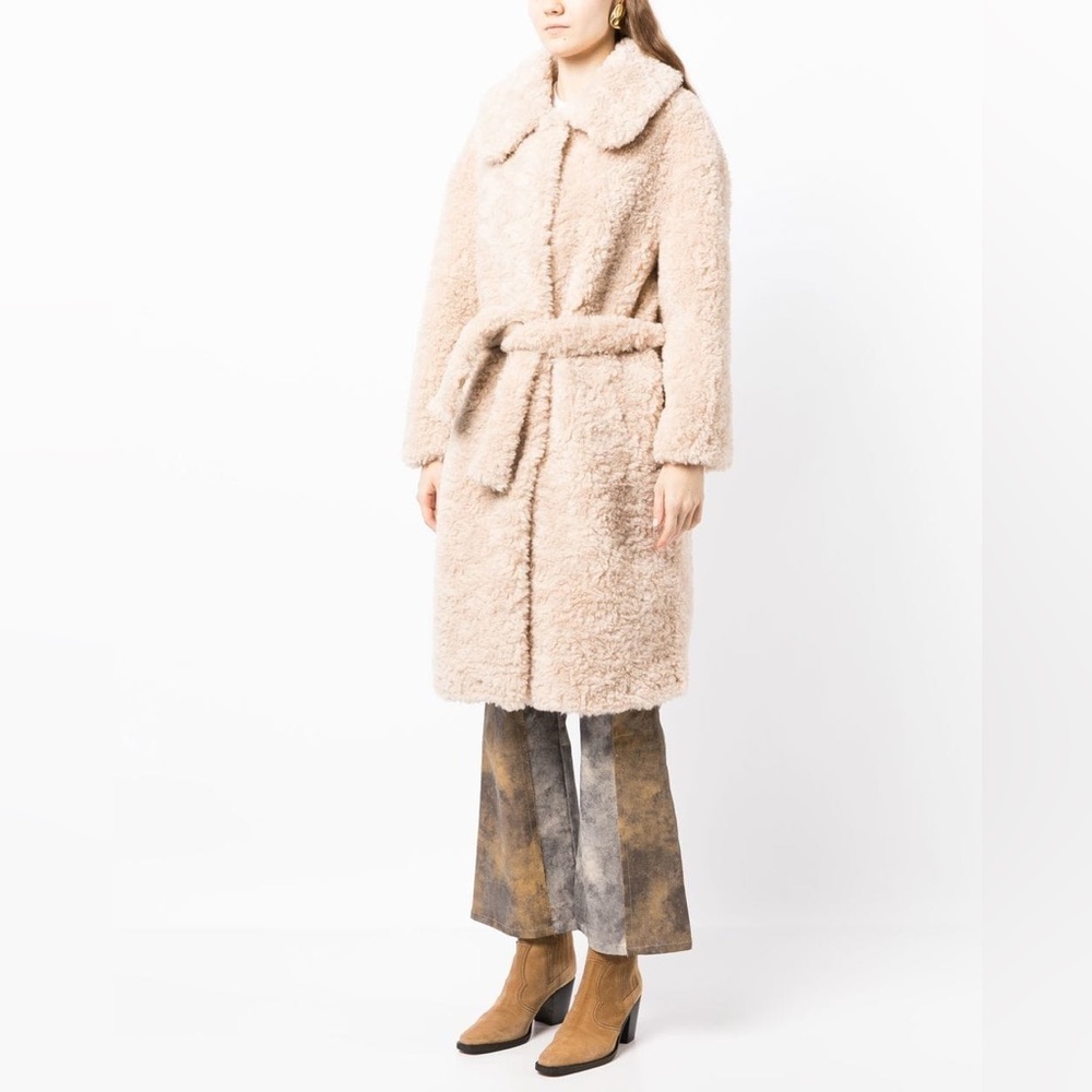 JAKKE Katrina Free People Faux Fur Coat Biscuit Size 10 Mob Wife Aesthetic Belt - Picture 7 of 14